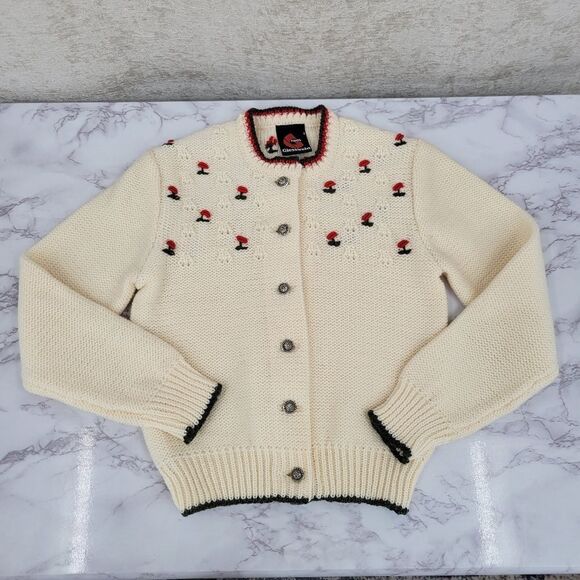Giesswein Vintage Austria Wool Cream Cardigan with Red Green Floral Embroidery - Picture 2 of 11